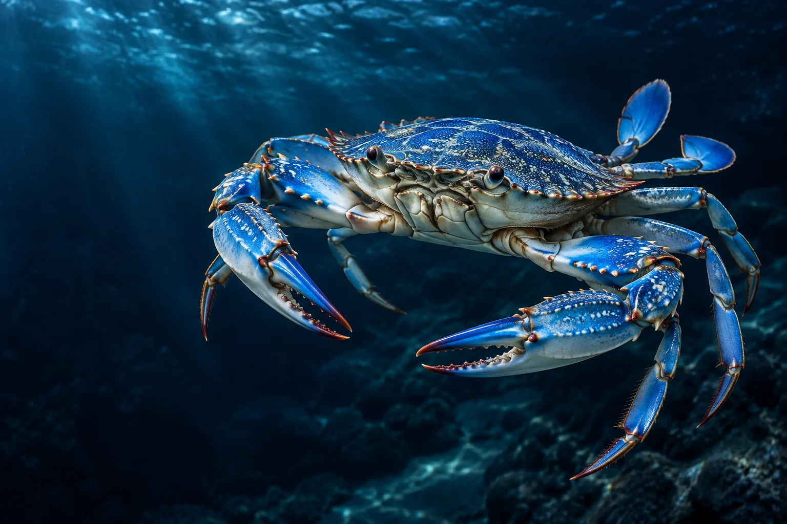 A vivid blue crab against deep ocean blue